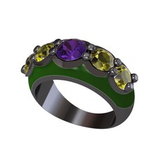 Ametist ve peridot 925 ayar siyah rodyum kaplama gümüş yüzük (Yeşil mineli)