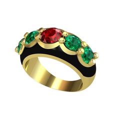Garnet ve yeşil kuvars 925 ayar altın kaplama gümüş yüzük (Siyah mineli)