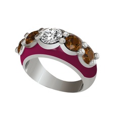 Elmas ve dumanlı kuvars 18 ayar beyaz altın yüzük (0.68 karat, bordo kırmızı mineli)