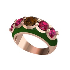 Dumanlı kuvars ve rodolit garnet 18 ayar rose altın yüzük (Yeşil mineli)