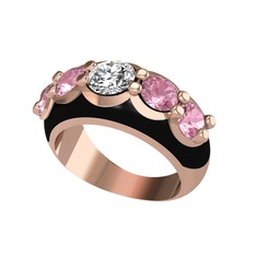 Swarovski ve pembe kuvars 14 ayar rose altın yüzük (Siyah mineli)
