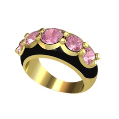 Pembe kuvars 18 ayar altın yüzük (Siyah mineli)