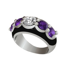 Aura Yüzük - Beyaz zirkon ve ametist 14 ayar beyaz altın yüzük (Siyah mineli) #1inb4ln