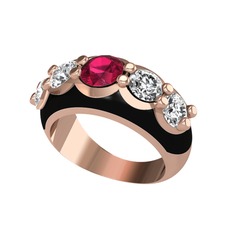 Rodolit garnet ve beyaz zirkon 8 ayar rose altın yüzük (Siyah mineli)