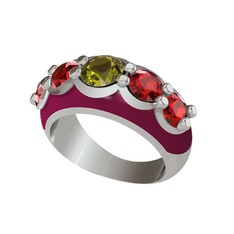 Peridot ve garnet 8 ayar beyaz altın yüzük (Bordo kırmızı mineli)