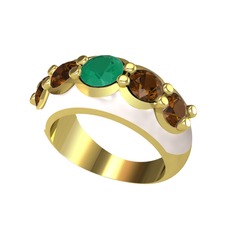 Kök zümrüt ve dumanlı kuvars 8 ayar altın yüzük (Beyaz mineli)