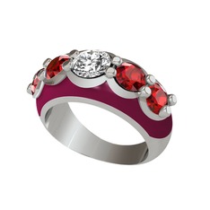 Elmas ve garnet 14 ayar beyaz altın yüzük (0.68 karat, bordo kırmızı mineli)