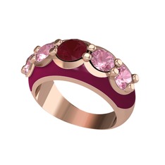 Kök yakut ve pembe kuvars 925 ayar rose altın kaplama gümüş yüzük (Bordo kırmızı mineli)