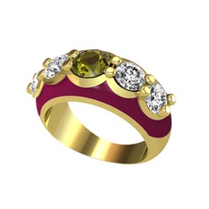 Peridot ve beyaz zirkon 14 ayar altın yüzük (Bordo kırmızı mineli)