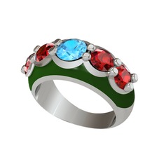 Akuamarin ve garnet 8 ayar beyaz altın yüzük (Yeşil mineli)