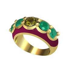 Peridot ve kök zümrüt 18 ayar altın yüzük (Bordo kırmızı mineli)