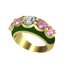 Swarovski ve pembe kuvars 925 ayar altın kaplama gümüş yüzük (Yeşil mineli)