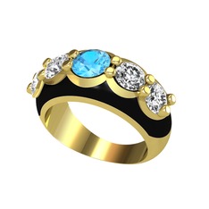 Akuamarin ve swarovski 925 ayar altın kaplama gümüş yüzük (Siyah mineli)