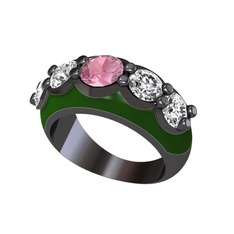 Aura Yüzük - Pembe kuvars ve swarovski 925 ayar siyah rodyum kaplama gümüş yüzük (Yeşil mineli) #1sl5szt