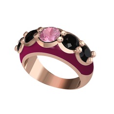 Pembe kuvars ve siyah zirkon 925 ayar rose altın kaplama gümüş yüzük (Bordo kırmızı mineli)
