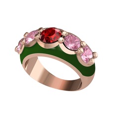Garnet ve pembe kuvars 14 ayar rose altın yüzük (Yeşil mineli)