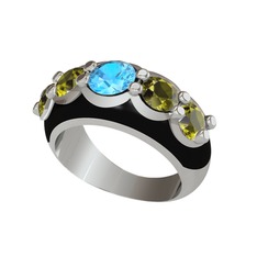 Akuamarin ve peridot 925 ayar gümüş yüzük (Siyah mineli)