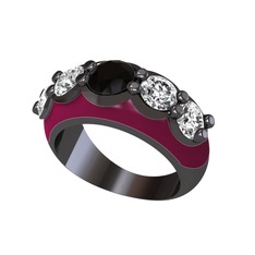 Siyah zirkon ve swarovski 925 ayar siyah rodyum kaplama gümüş yüzük (Bordo kırmızı mineli)