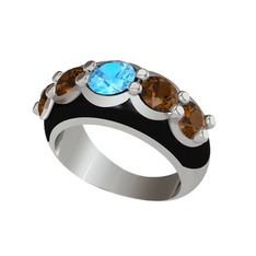 Akuamarin ve dumanlı kuvars 8 ayar beyaz altın yüzük (Siyah mineli)