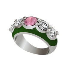 Pembe kuvars ve beyaz zirkon 8 ayar beyaz altın yüzük (Yeşil mineli)
