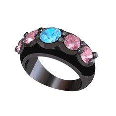 Aura Yüzük - Akuamarin ve pembe kuvars 925 ayar siyah rodyum kaplama gümüş yüzük (Siyah mineli) #3tlo6