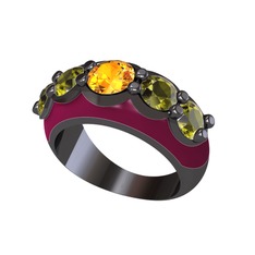 Sitrin ve peridot 925 ayar siyah rodyum kaplama gümüş yüzük (Bordo kırmızı mineli)