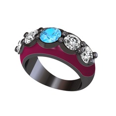 Akuamarin ve swarovski 925 ayar siyah rodyum kaplama gümüş yüzük (Bordo kırmızı mineli)