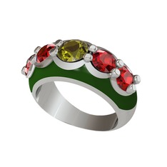 Peridot ve garnet 14 ayar beyaz altın yüzük (Yeşil mineli)
