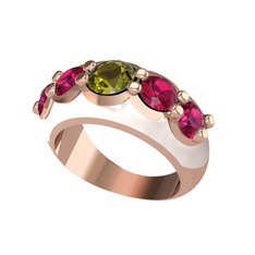 Peridot ve rodolit garnet 925 ayar rose altın kaplama gümüş yüzük (Beyaz mineli)