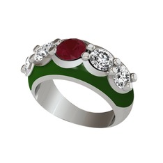 Kök yakut ve beyaz zirkon 18 ayar beyaz altın yüzük (Yeşil mineli)