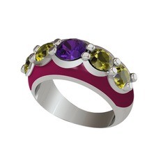 Aura Yüzük - Ametist ve peridot 18 ayar beyaz altın yüzük (Bordo kırmızı mineli) #6zbdje