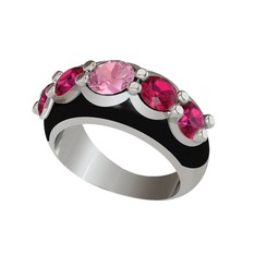Pembe kuvars ve rodolit garnet 925 ayar gümüş yüzük (Siyah mineli)