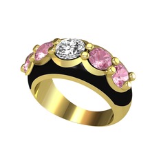 Beyaz zirkon ve pembe kuvars 18 ayar altın yüzük (Siyah mineli)