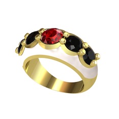 Garnet ve siyah zirkon 18 ayar altın yüzük (Beyaz mineli)
