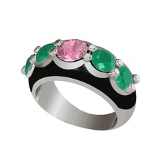 Aura Yüzük - Pembe kuvars ve kök zümrüt 925 ayar gümüş yüzük (Siyah mineli) #8hh90q
