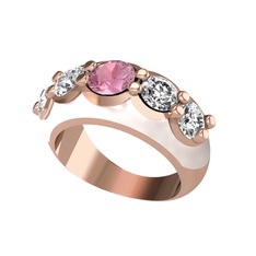 Pembe kuvars ve swarovski 925 ayar rose altın kaplama gümüş yüzük (Beyaz mineli)