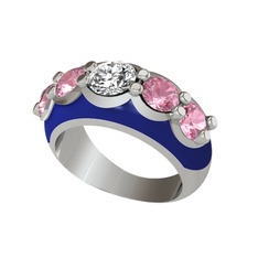 Swarovski ve pembe kuvars 8 ayar beyaz altın yüzük (Lacivert mineli)