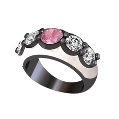 Pembe kuvars ve beyaz zirkon 925 ayar siyah rodyum kaplama gümüş yüzük (Beyaz mineli)