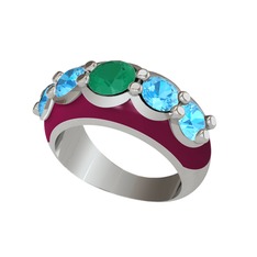 Kök zümrüt ve akuamarin 18 ayar beyaz altın yüzük (Bordo kırmızı mineli)