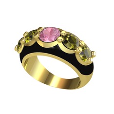 Aura Yüzük - Pembe kuvars ve peridot 8 ayar altın yüzük (Siyah mineli) #jg6ck