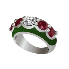 Beyaz zirkon ve kök yakut 925 ayar gümüş yüzük (Yeşil mineli)