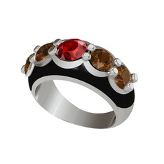 Garnet ve dumanlı kuvars 8 ayar beyaz altın yüzük (Siyah mineli)