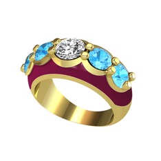Swarovski ve akuamarin 8 ayar altın yüzük (Bordo kırmızı mineli)