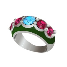 Akuamarin ve rodolit garnet 18 ayar beyaz altın yüzük (Yeşil mineli)