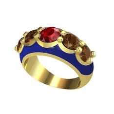 Garnet ve dumanlı kuvars 925 ayar altın kaplama gümüş yüzük (Lacivert mineli)