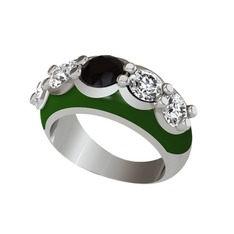 Siyah zirkon ve swarovski 18 ayar beyaz altın yüzük (Yeşil mineli)