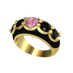 Pembe kuvars ve siyah zirkon 18 ayar altın yüzük (Siyah mineli)