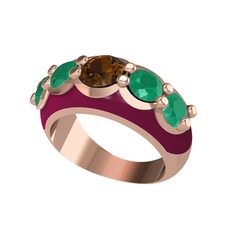 Dumanlı kuvars ve kök zümrüt 8 ayar rose altın yüzük (Bordo kırmızı mineli)