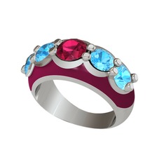 Rodolit garnet ve akuamarin 18 ayar beyaz altın yüzük (Bordo kırmızı mineli)