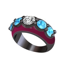 Swarovski ve akuamarin 925 ayar siyah rodyum kaplama gümüş yüzük (Bordo kırmızı mineli)